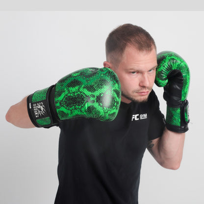Viper Venom boxing gloves – sleek black and green training gloves with wrist support for sparring and bag work