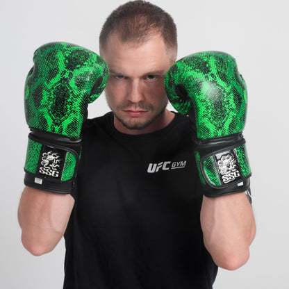 Viper Venom boxing gloves – sleek black and green training gloves with wrist support for sparring and bag work