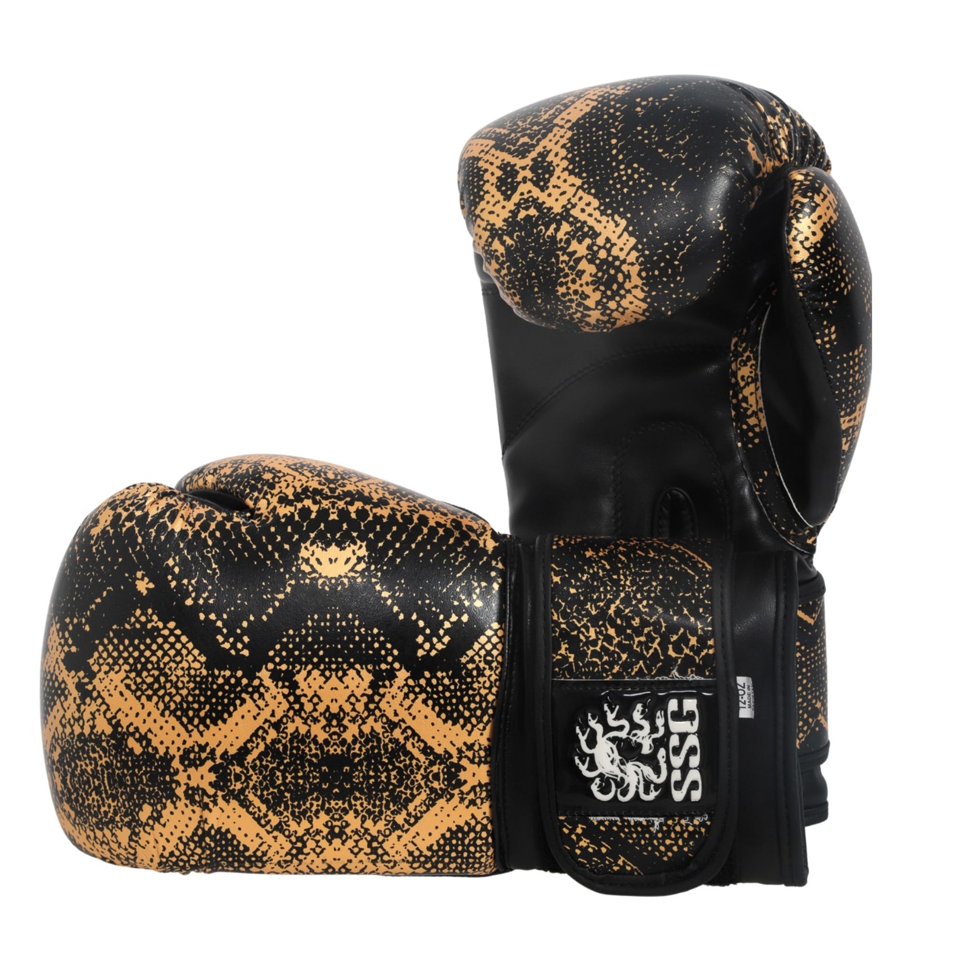 front and back view of Midnight Strike boxing gloves – secure Velcro strap and puncher’s padding