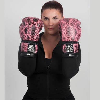 Model wearing Stone’s Kiss boxing gloves in training stance – StoneStrikeGear lifestyle image