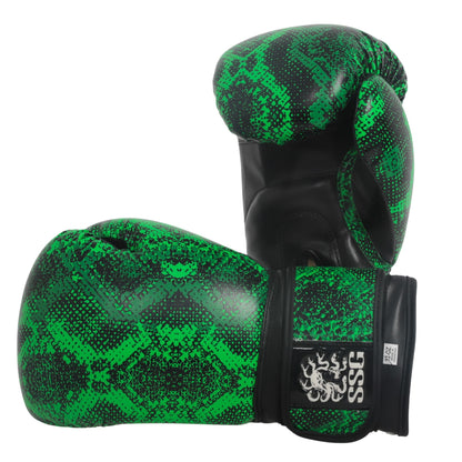 Viper Venom boxing gloves – sleek black and green training gloves with wrist support for sparring and bag work