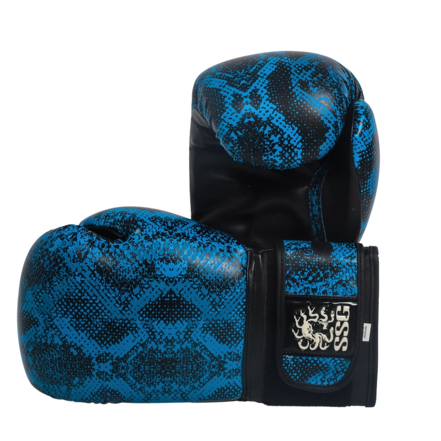 Medusa’s Blue Gaze boxing gloves – electric blue design with snake-skin detail
