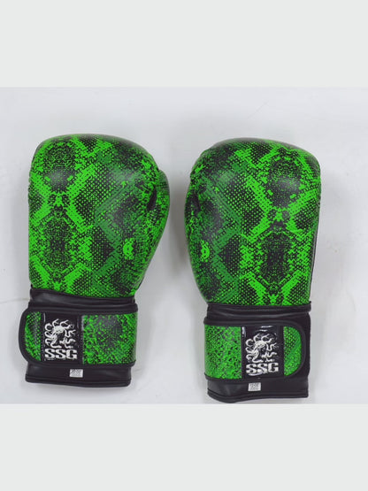 Viper Venom boxing gloves – sleek black and green training gloves with wrist support for sparring and bag work